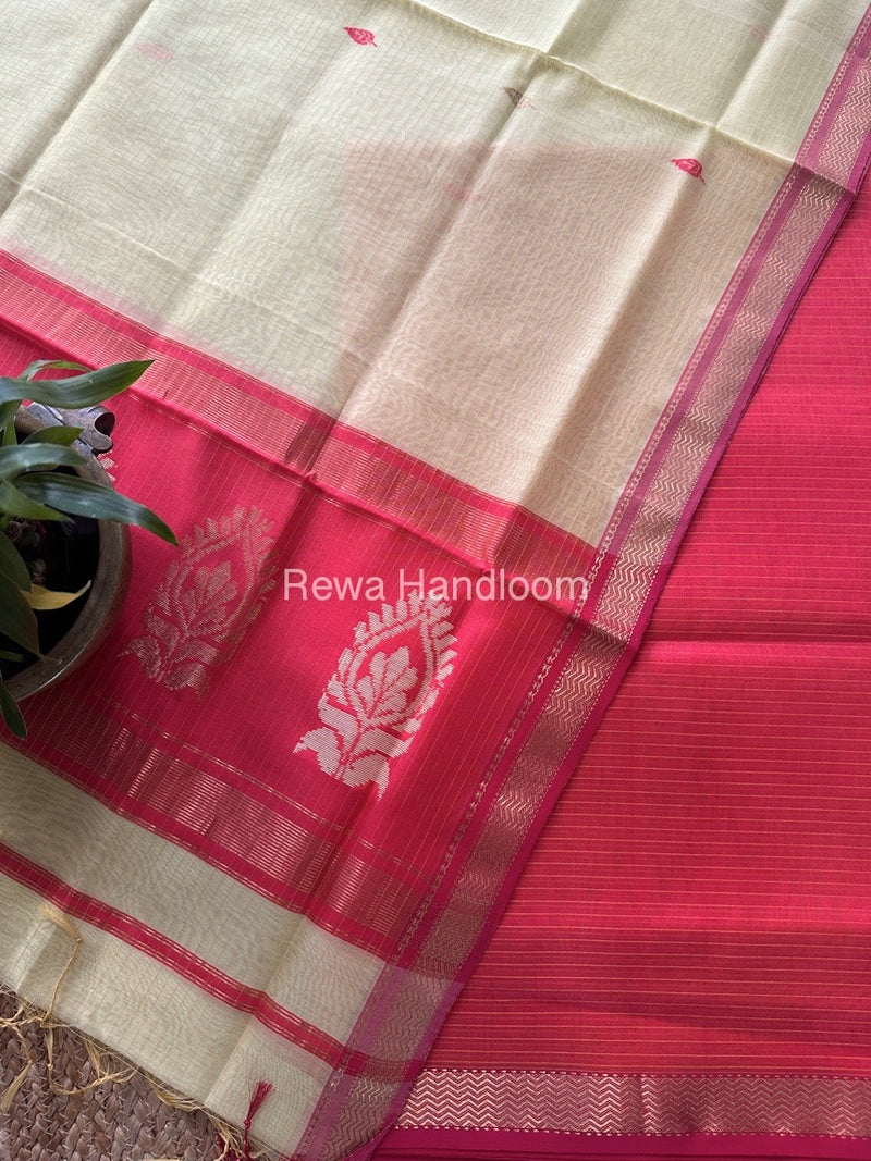 Maheshwari Fuchsia Pink-Light Yellow Motifs Top-Dupatta Set MS0195