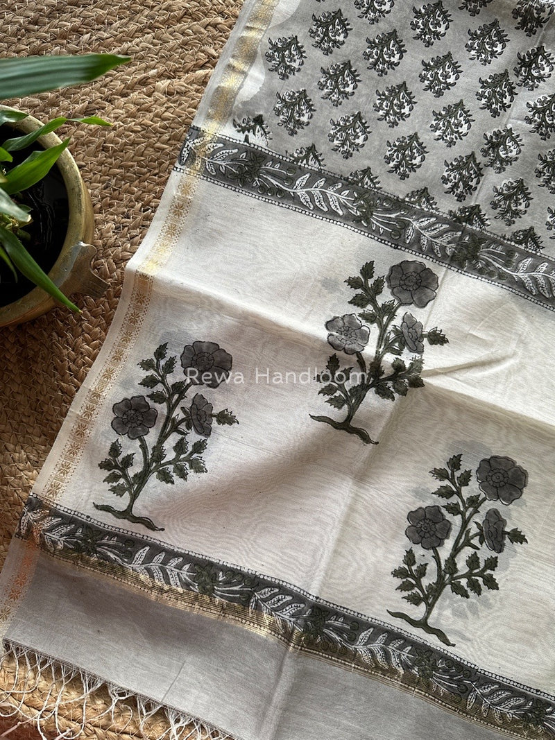 Maheshwari Grey Hand Block Printed Dupatta HD010