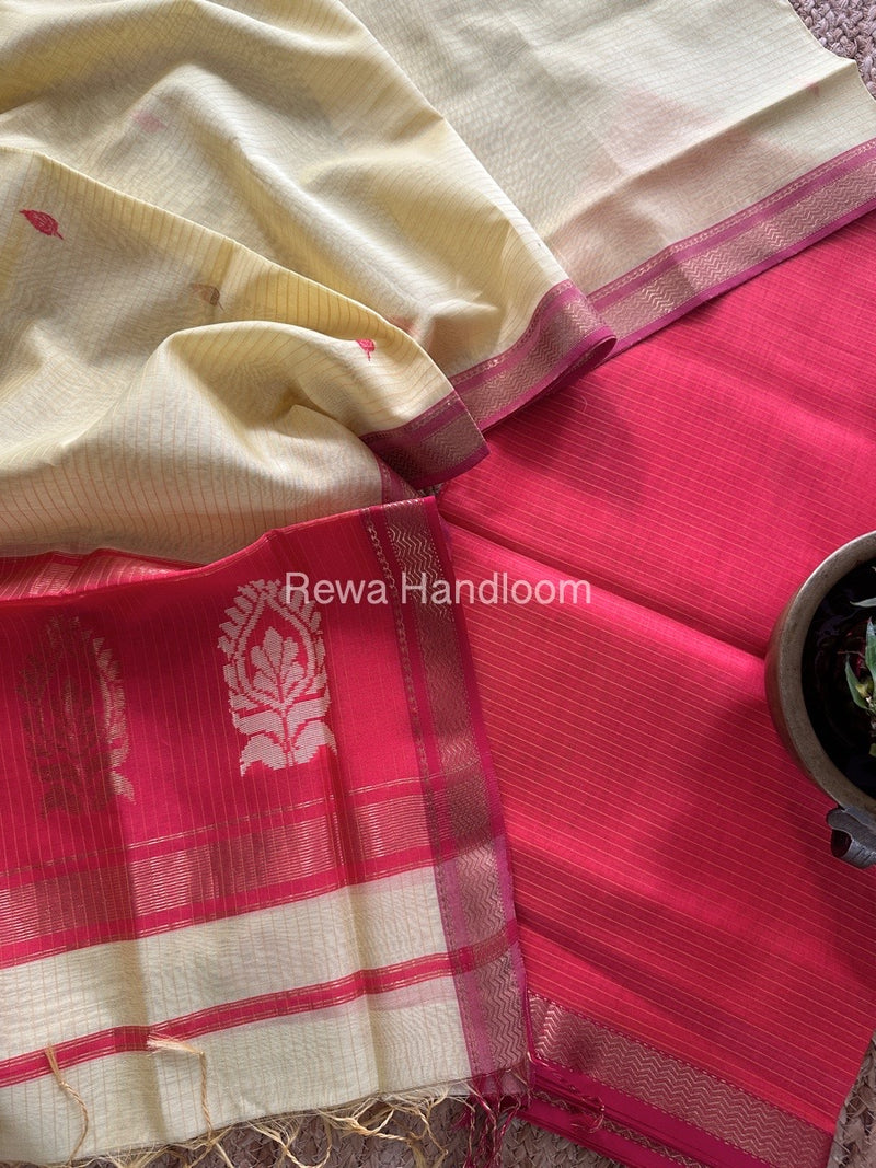 Maheshwari Fuchsia Pink-Light Yellow Motifs Top-Dupatta Set MS0195