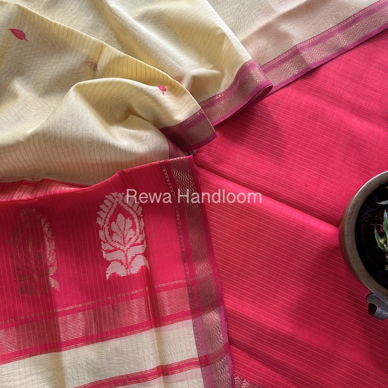 Maheshwari Fuchsia Pink-Light Yellow Motifs Top-Dupatta Set MS0195