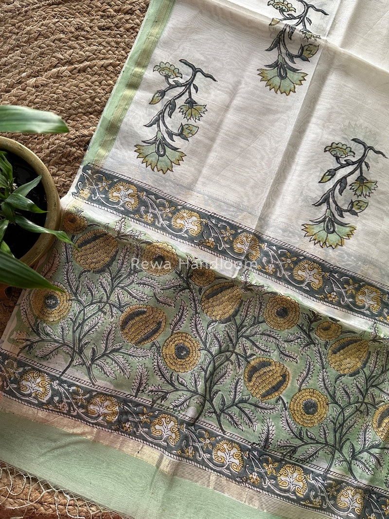 Maheshwari Pista Green Hand Block Printed Dupatta HD03