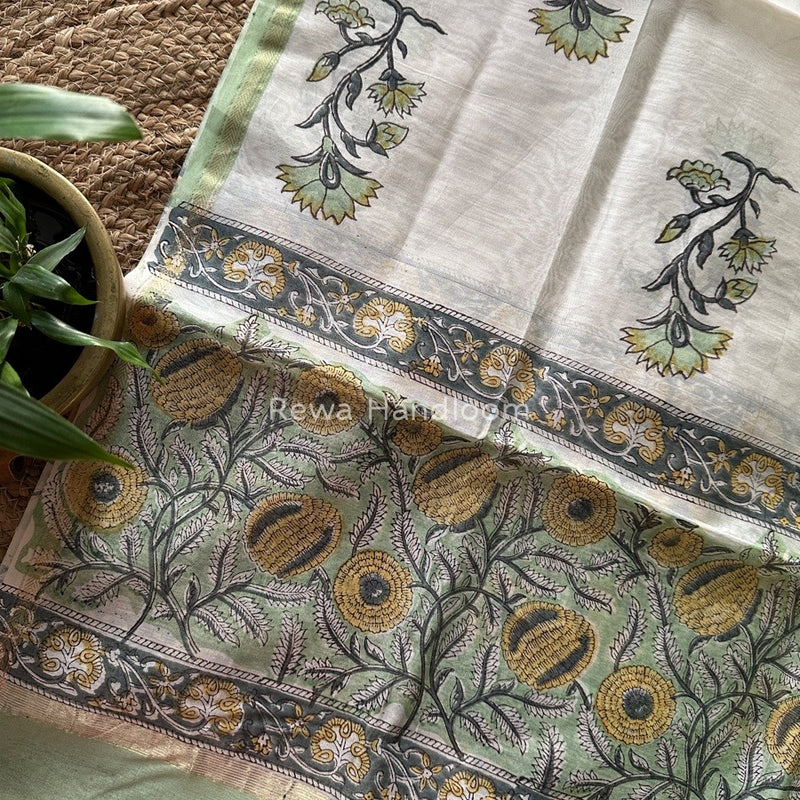 Maheshwari Pista Green Hand Block Printed Dupatta HD03