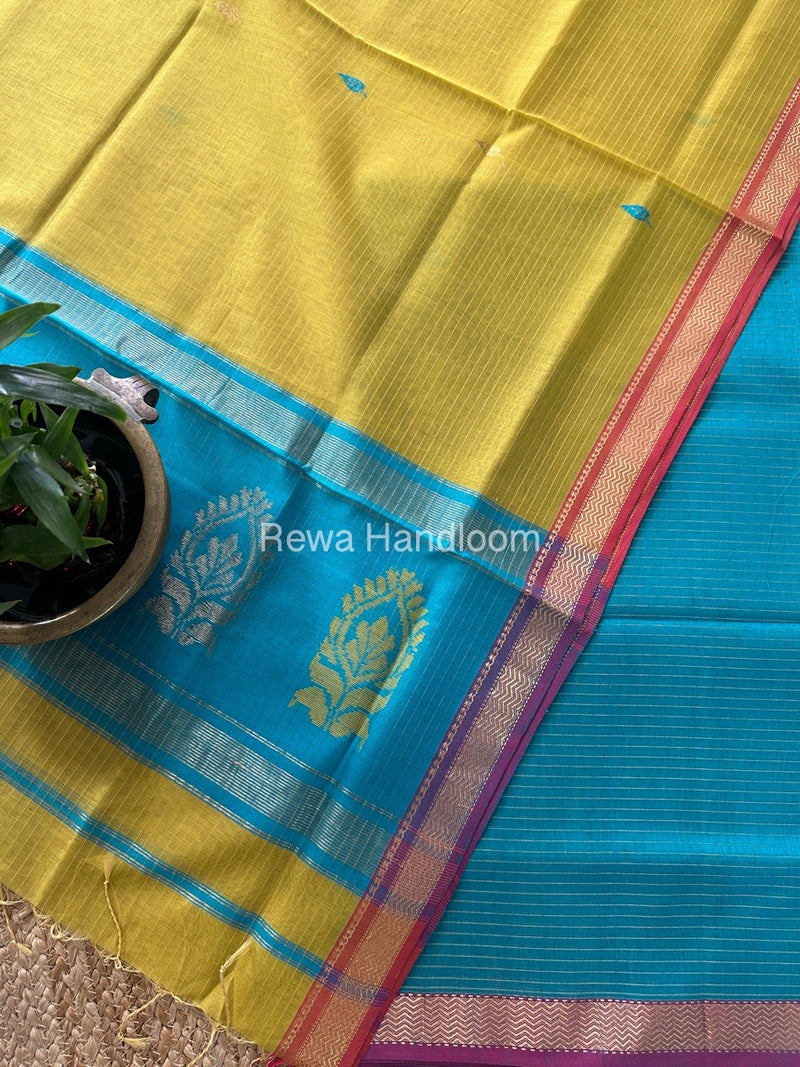 Maheshwari Blue-Mustard Yellow Motifs Top-Dupatta Set MS0196