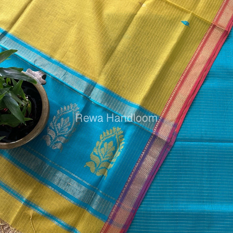 Maheshwari Blue-Mustard Yellow Motifs Top-Dupatta Set MS0196