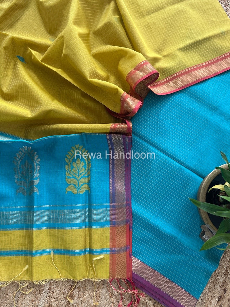 Maheshwari Blue-Mustard Yellow Motifs Top-Dupatta Set MS0196