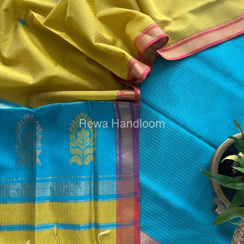 Maheshwari Blue-Mustard Yellow Motifs Top-Dupatta Set MS0196