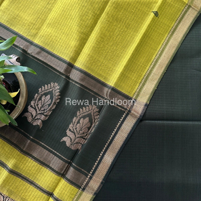 Maheshwari Dark Green-Yellow Motifs Top-Dupatta Set MS0197