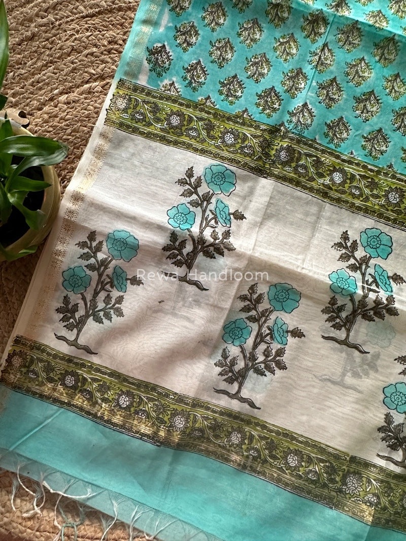 Maheshwari Sea Green Hand Block Printed Dupatta HD09