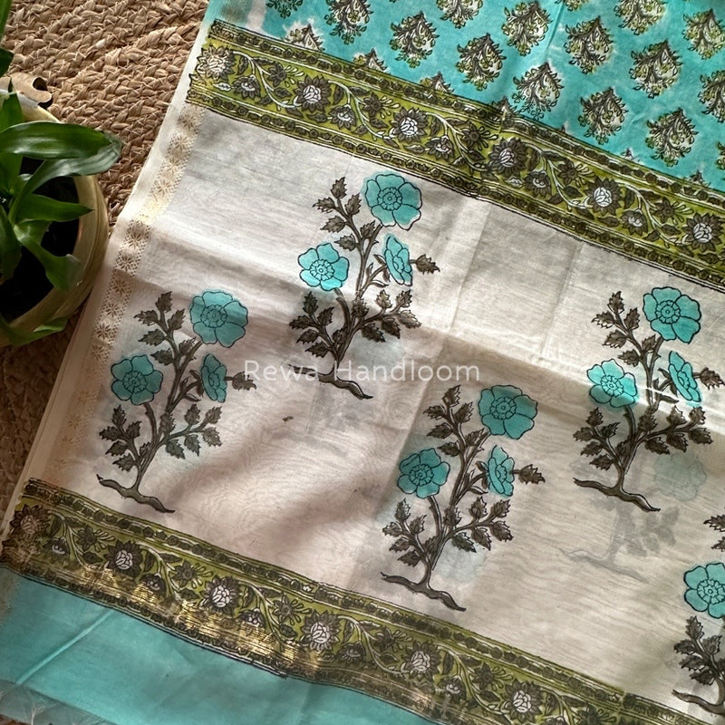 Maheshwari Sea Green Hand Block Printed Dupatta HD09