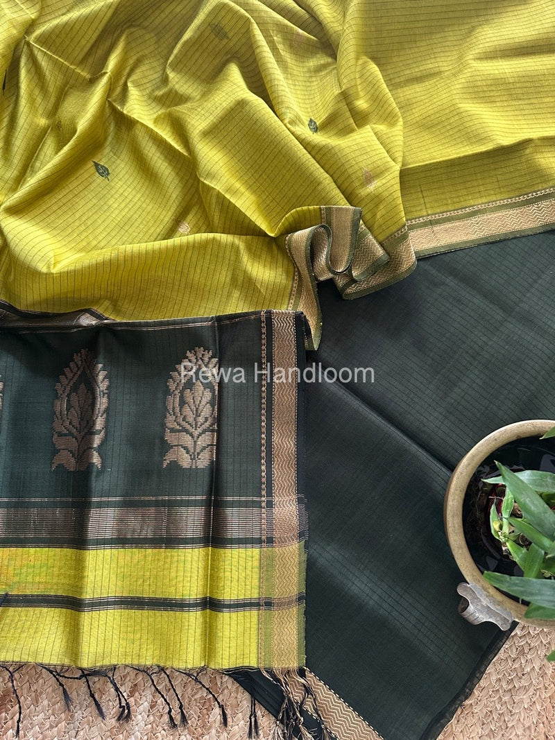 Maheshwari Dark Green-Yellow Motifs Top-Dupatta Set MS0197