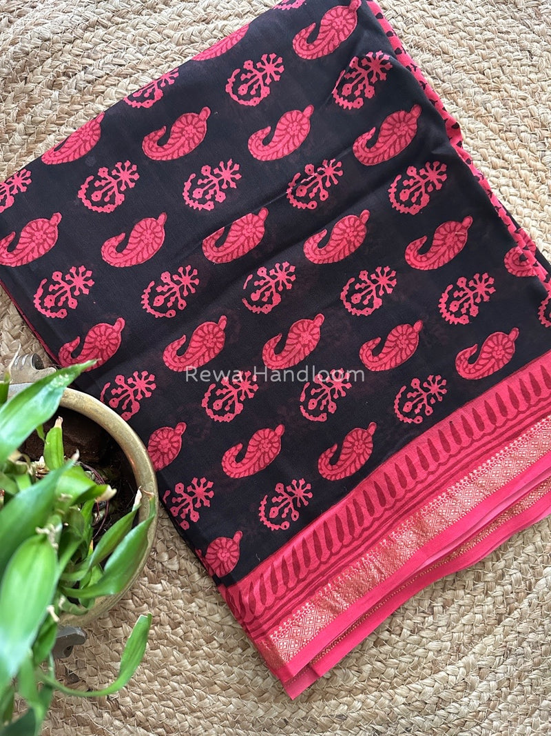 Maheshwari Black-Fuchsia Pink Bagh Print Suit BSP0159