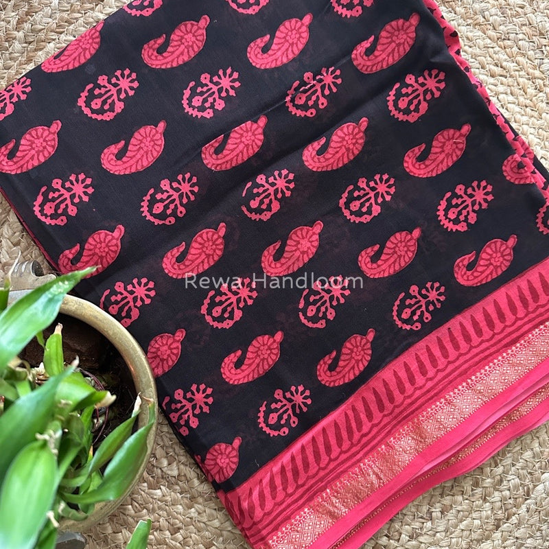 Maheshwari Black-Fuchsia Pink Bagh Print Suit BSP0159