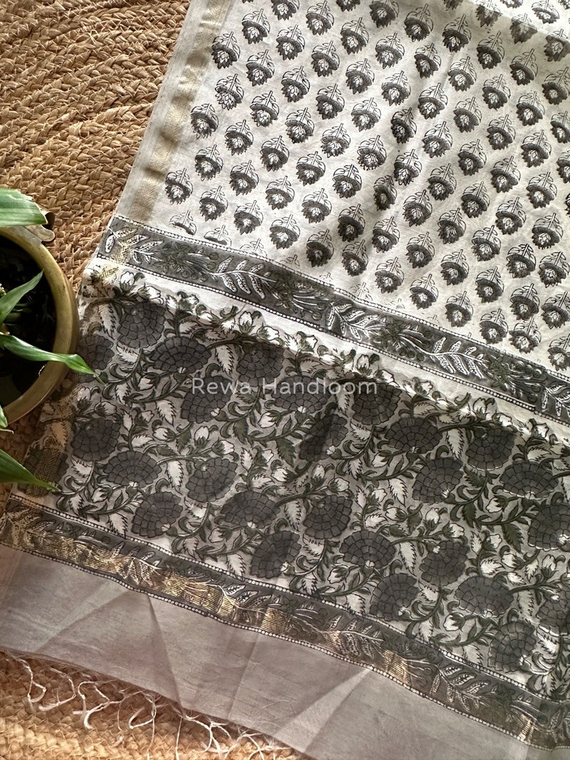 Maheshwari Grey Hand Block Printed Dupatta HD013