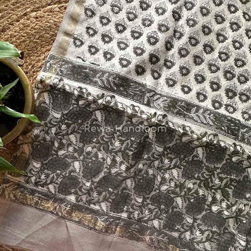 Maheshwari Grey Hand Block Printed Dupatta HD013
