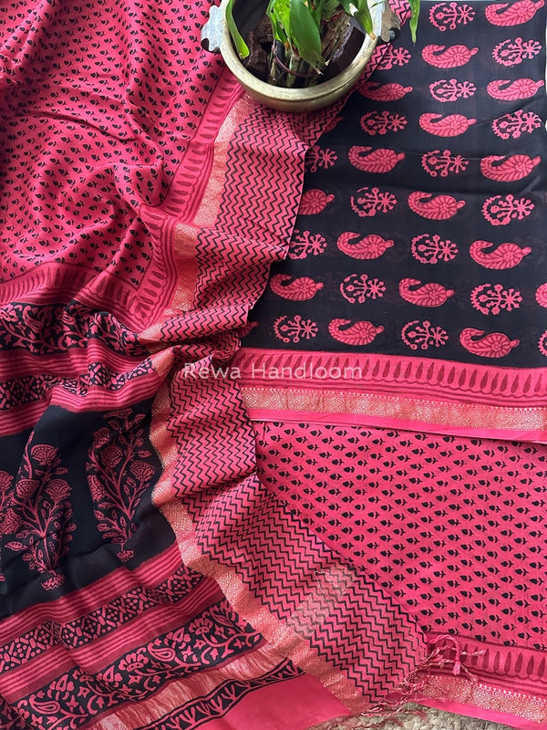 Maheshwari Black-Fuchsia Pink Bagh Print Suit BSP0159