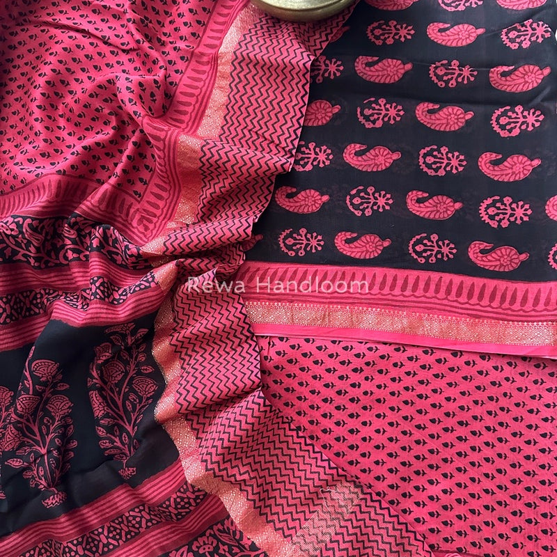 Maheshwari Black-Fuchsia Pink Bagh Print Suit BSP0159