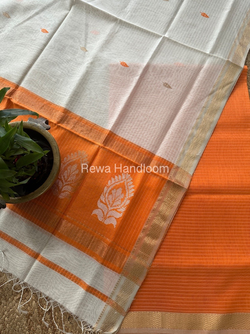 Maheshwari Orange-White Motifs Top-Dupatta Set MS0200