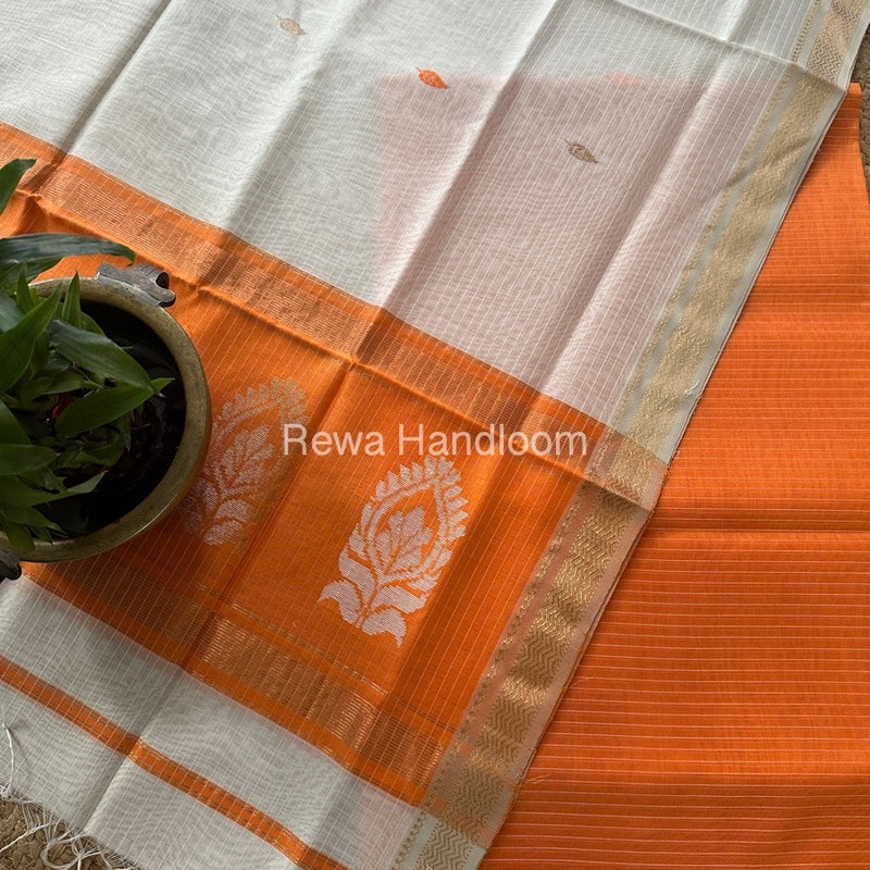 Maheshwari Orange-White Motifs Top-Dupatta Set MS0200