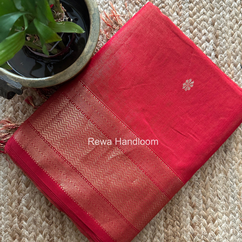 Maheshwari Red Tissue Butti Saree TBBS017 Rewa Handloom