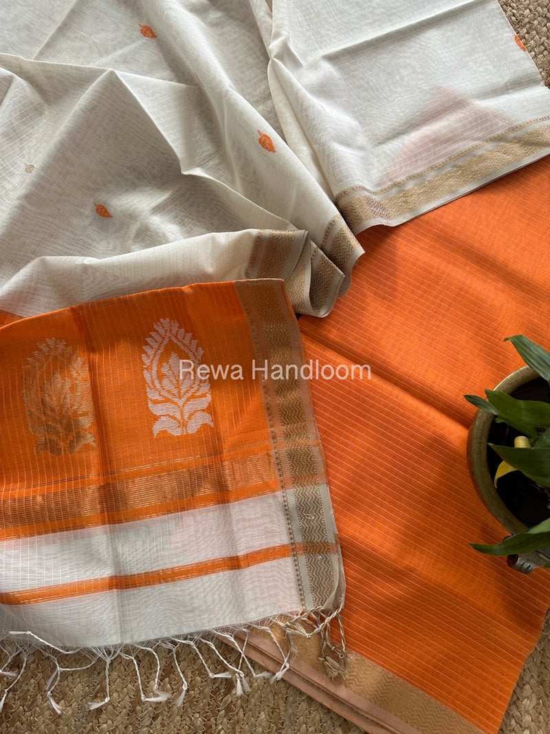Maheshwari Orange-White Motifs Top-Dupatta Set MS0200