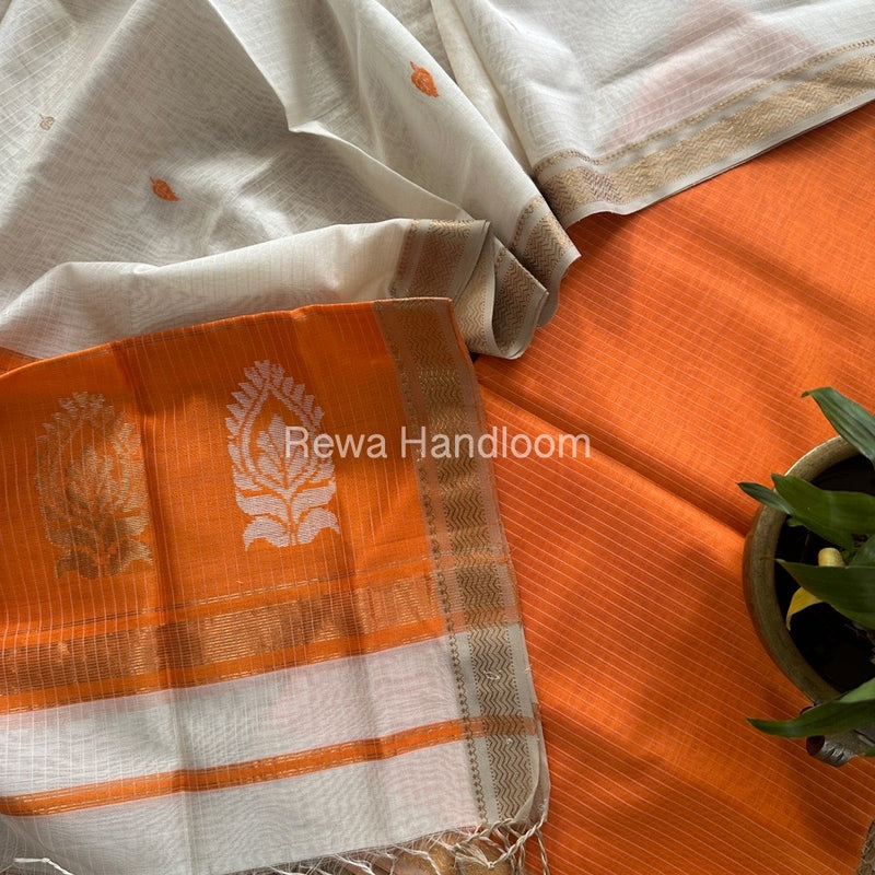 Maheshwari Orange-White Motifs Top-Dupatta Set MS0200