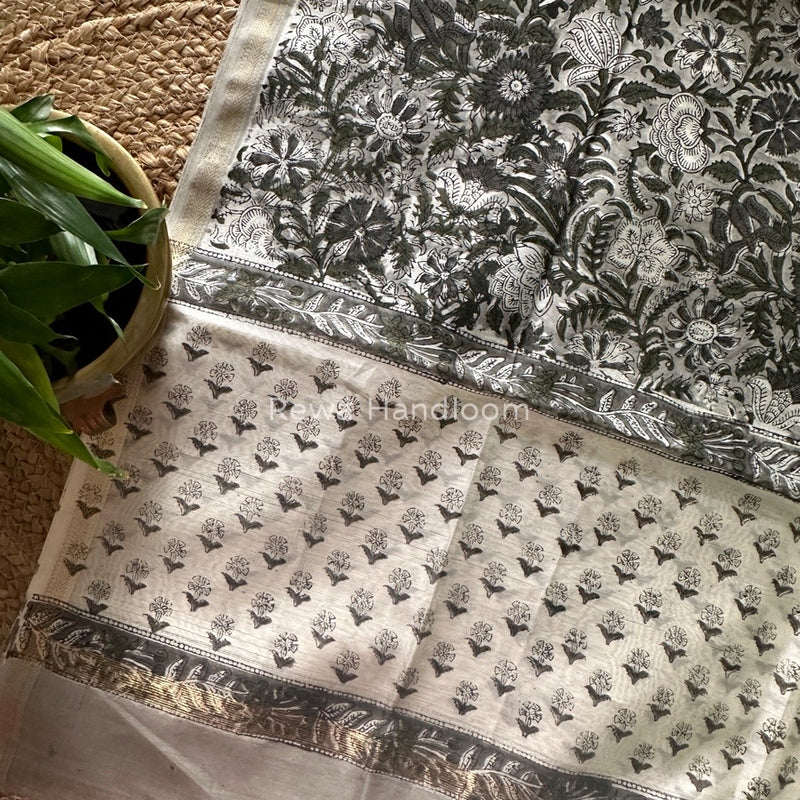Maheshwari Light Grey Hand Block Printed Dupatta HD04