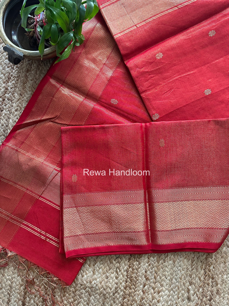 Maheshwari Red Tissue Butti Saree TBBS017 Rewa Handloom