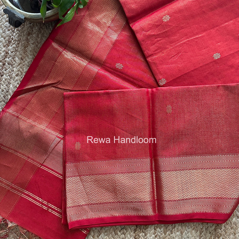 Maheshwari Red Tissue Butti Saree TBBS017 Rewa Handloom