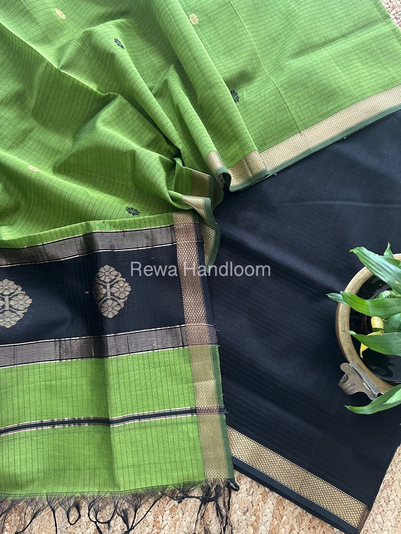 Maheshwari Black-Mehendi Green Motifs Top-Dupatta Set MS0191