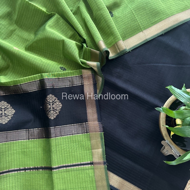 Maheshwari Black-Mehendi Green Motifs Top-Dupatta Set MS0191