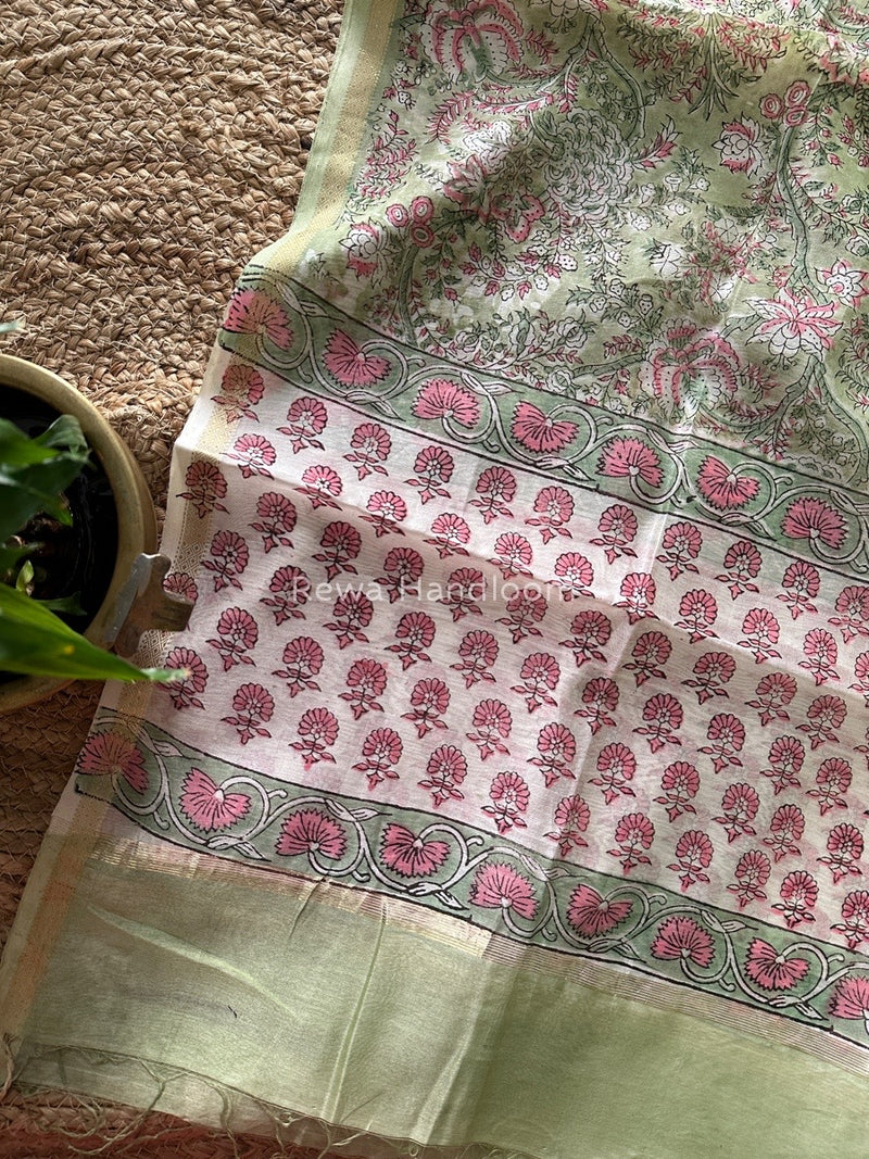 Maheshwari Pista Green Hand Block Printed Dupatta HD06