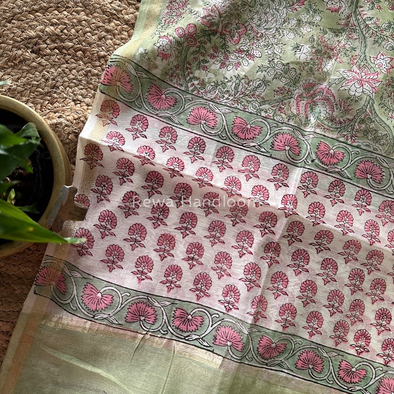 Maheshwari Pista Green Hand Block Printed Dupatta HD06