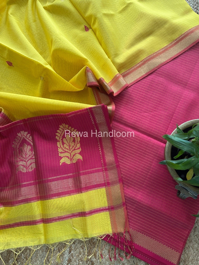 Maheshwari Rani Pink-Yellow Motifs Top-Dupatta Set MS0199