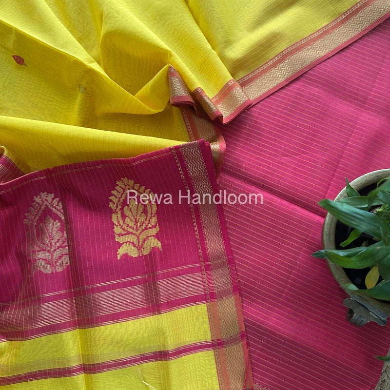 Maheshwari Rani Pink-Yellow Motifs Top-Dupatta Set MS0199