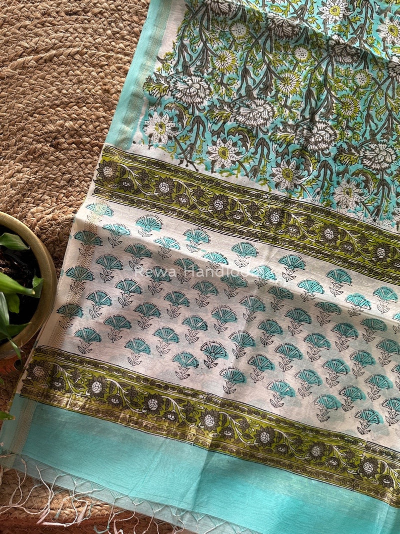 Maheshwari Sea Green Hand Block Printed Dupatta HD07