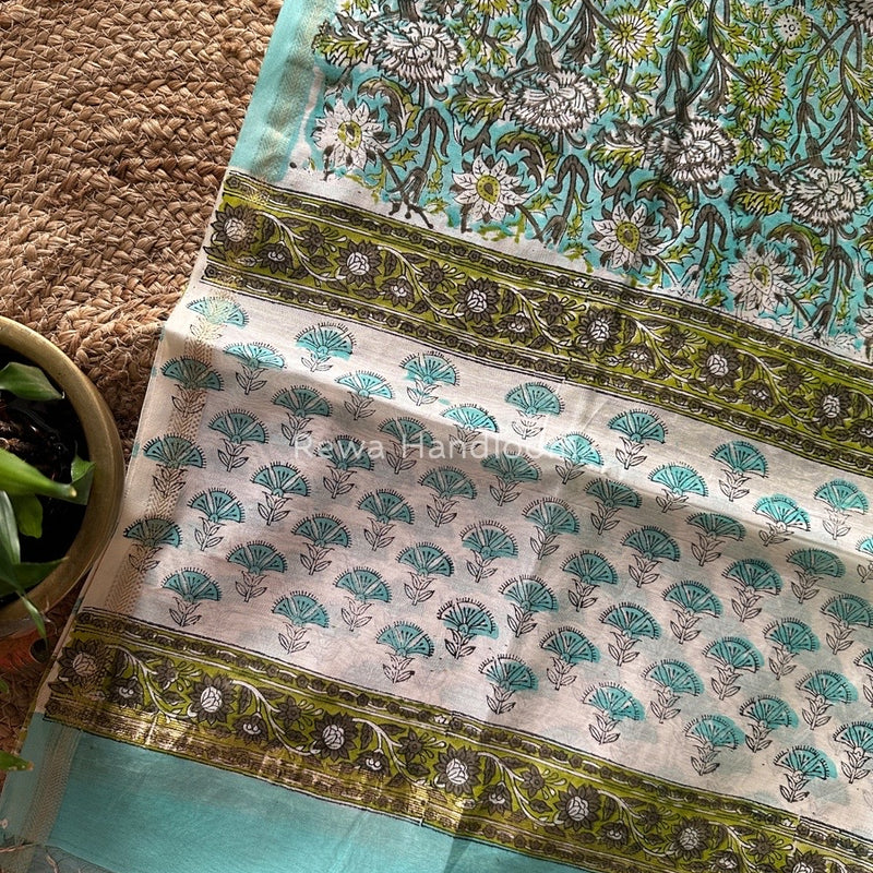 Maheshwari Sea Green Hand Block Printed Dupatta HD07