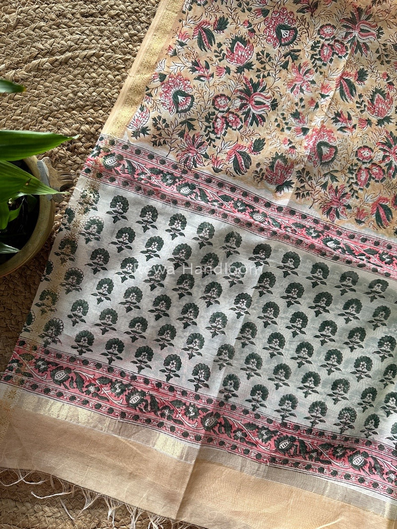 Maheshwari Peach-Yellow Hand Block Printed Dupatta HD08