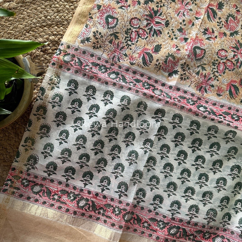Maheshwari Peach-Yellow Hand Block Printed Dupatta HD08