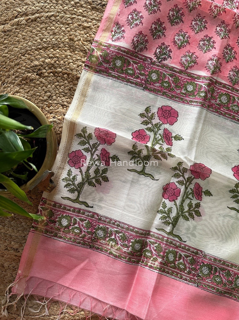 Maheshwari Pink Hand Block Printed Dupatta HD014
