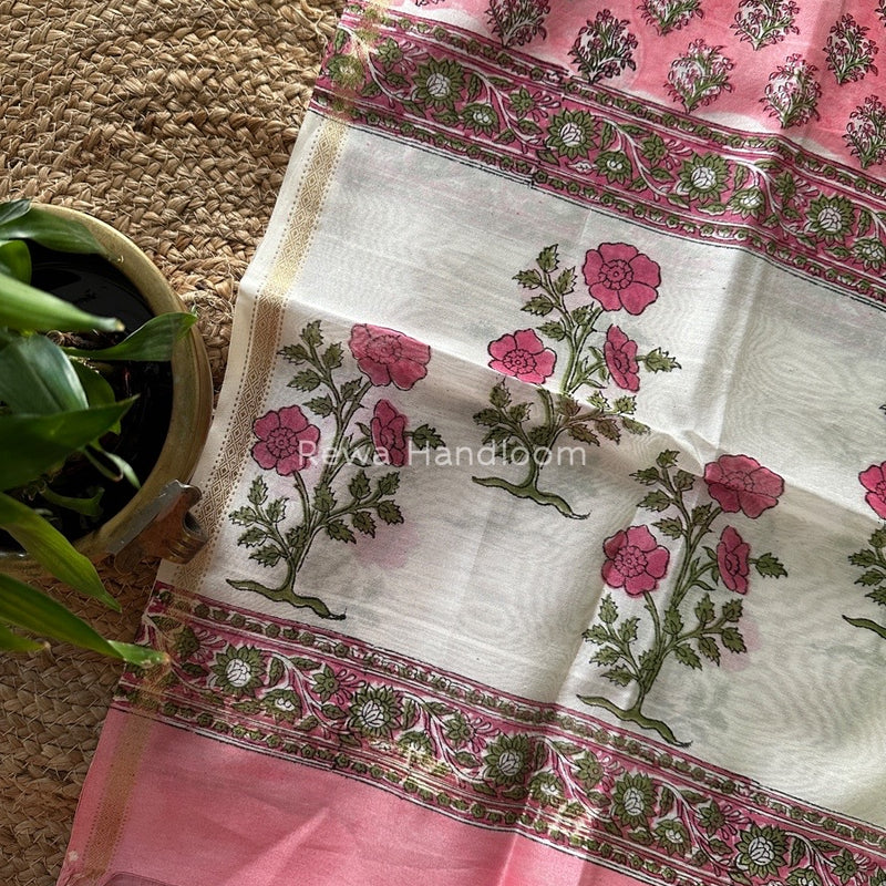 Maheshwari Pink Hand Block Printed Dupatta HD014