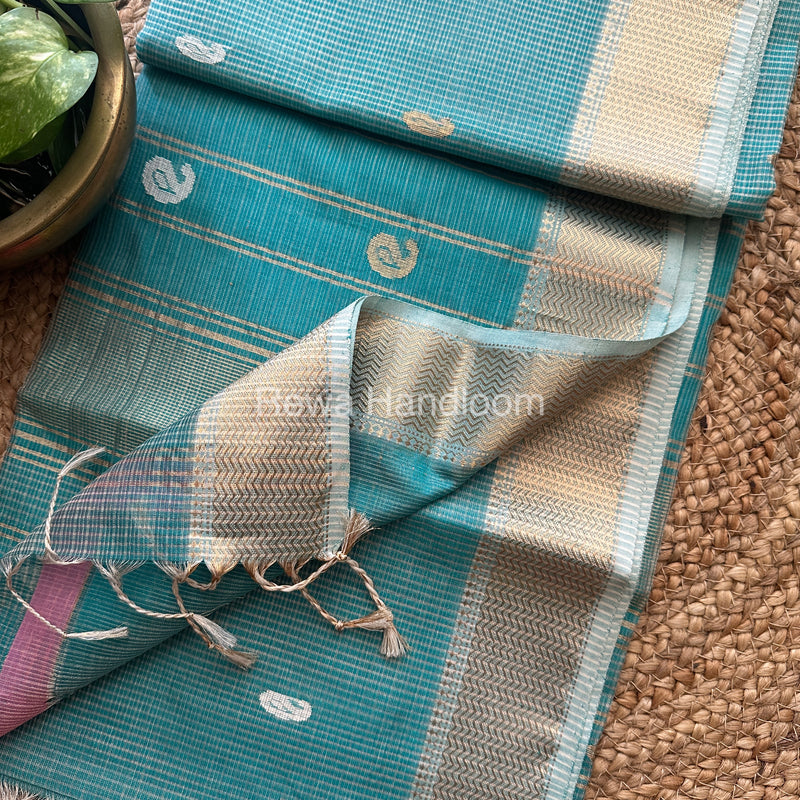 Sea Green Zari Butti ~ Maheshwari Saree-KJS036
