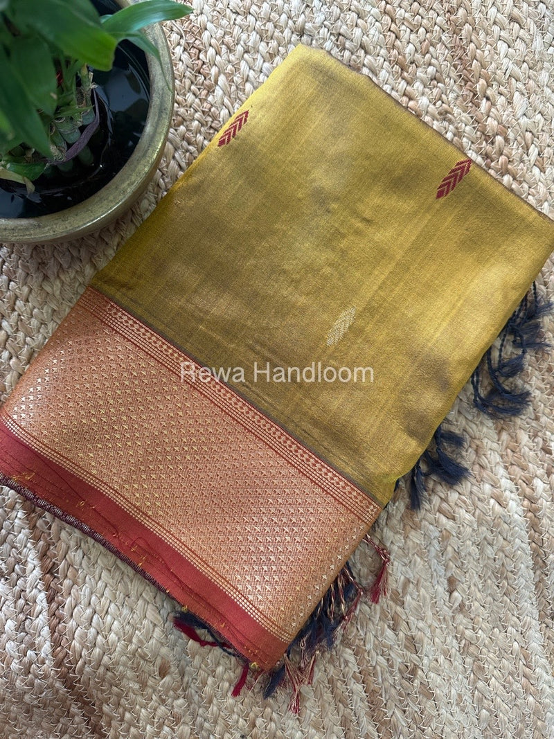 Maheshwari Mustard-Maroon Pure Silk Saree PS046