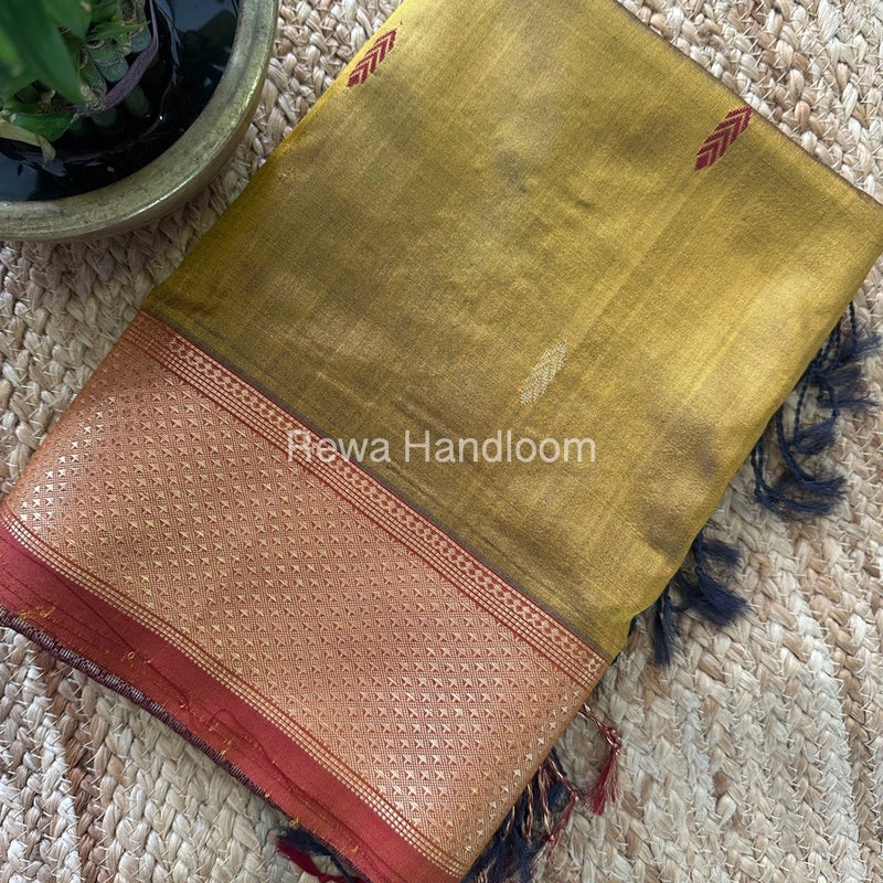 Maheshwari Mustard-Maroon Pure Silk Saree PS046