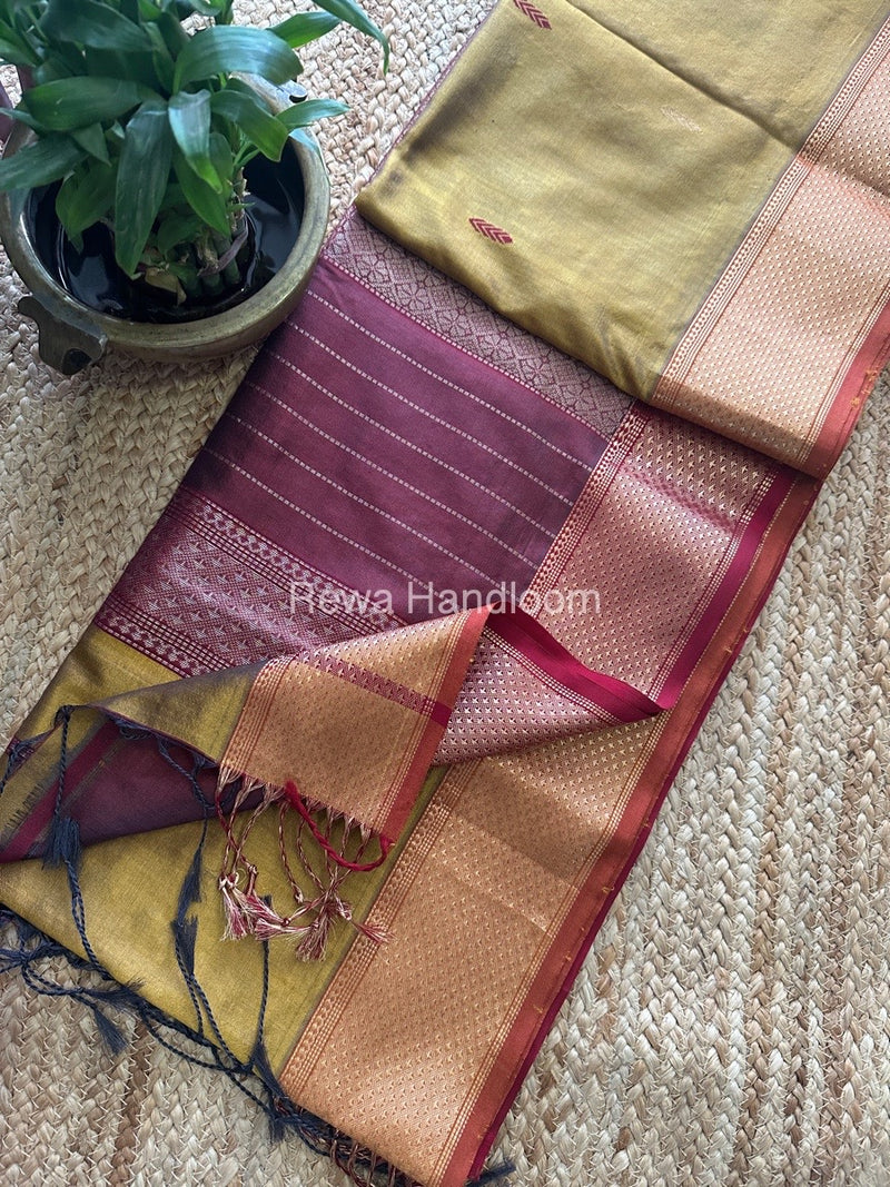 Maheshwari Mustard-Maroon Pure Silk Saree PS046