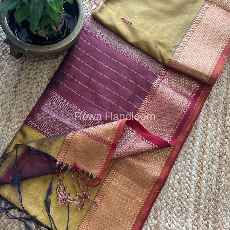 Maheshwari Mustard-Maroon Pure Silk Saree PS046