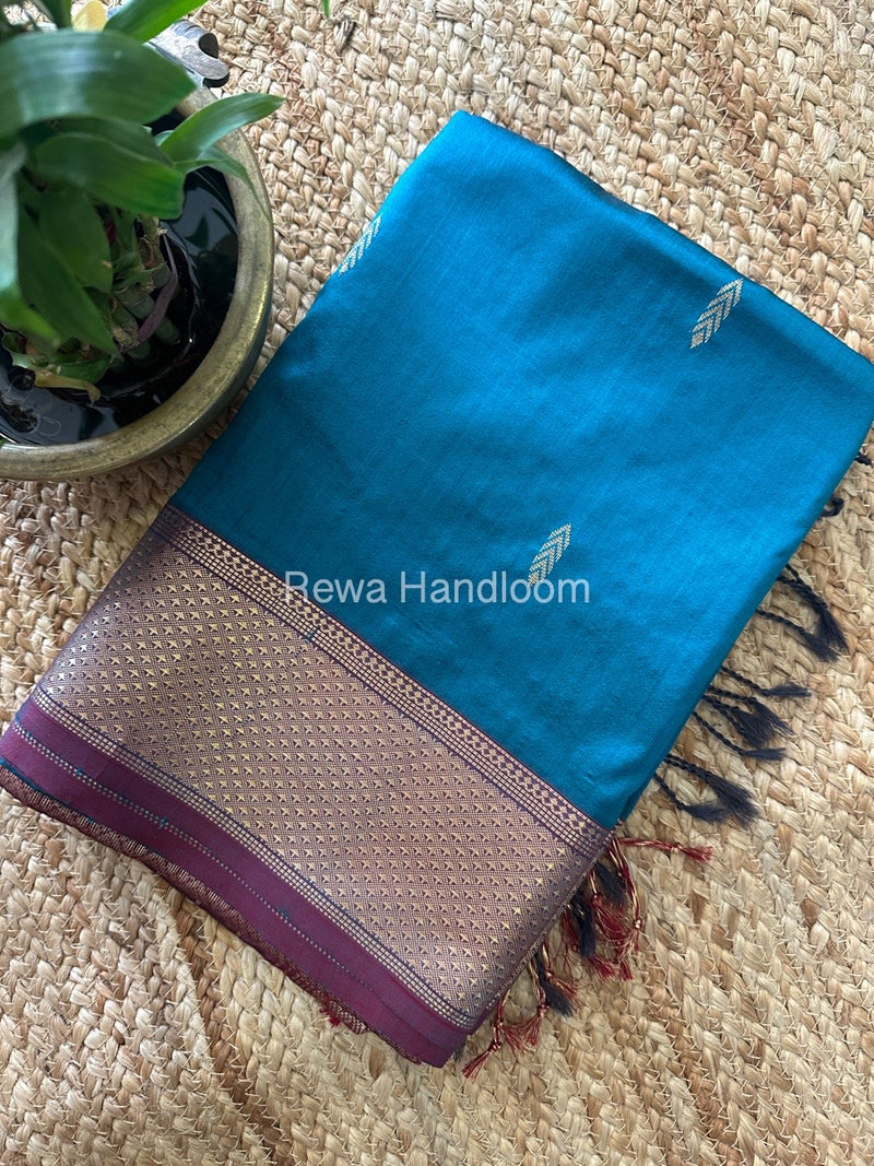 Maheshwari Rama Green-Maroon Pure Silk Saree PS045