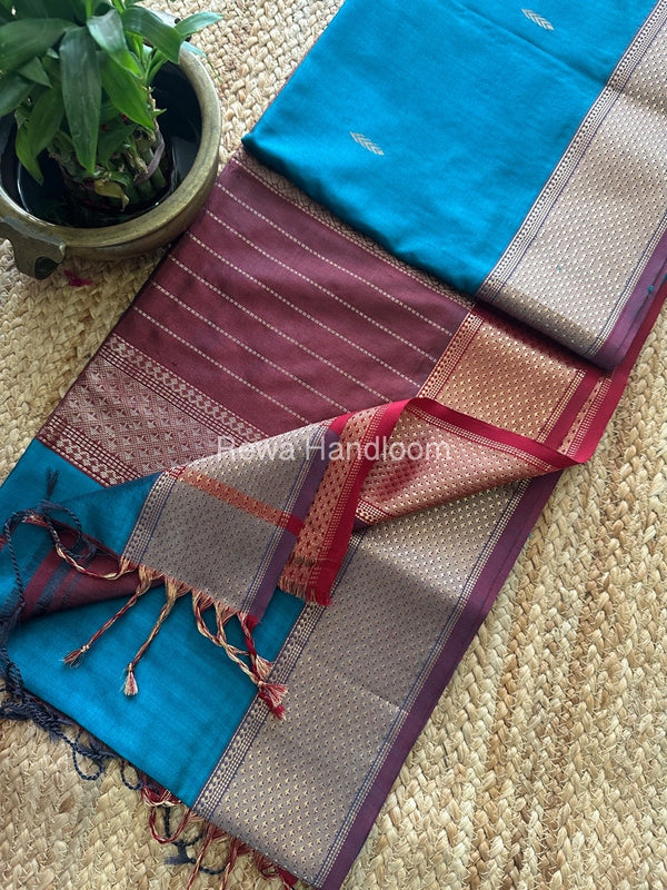 Maheshwari Rama Green-Maroon Pure Silk Saree PS045