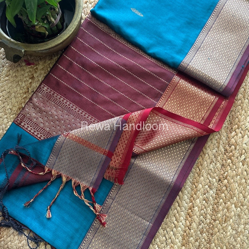 Maheshwari Rama Green-Maroon Pure Silk Saree PS045