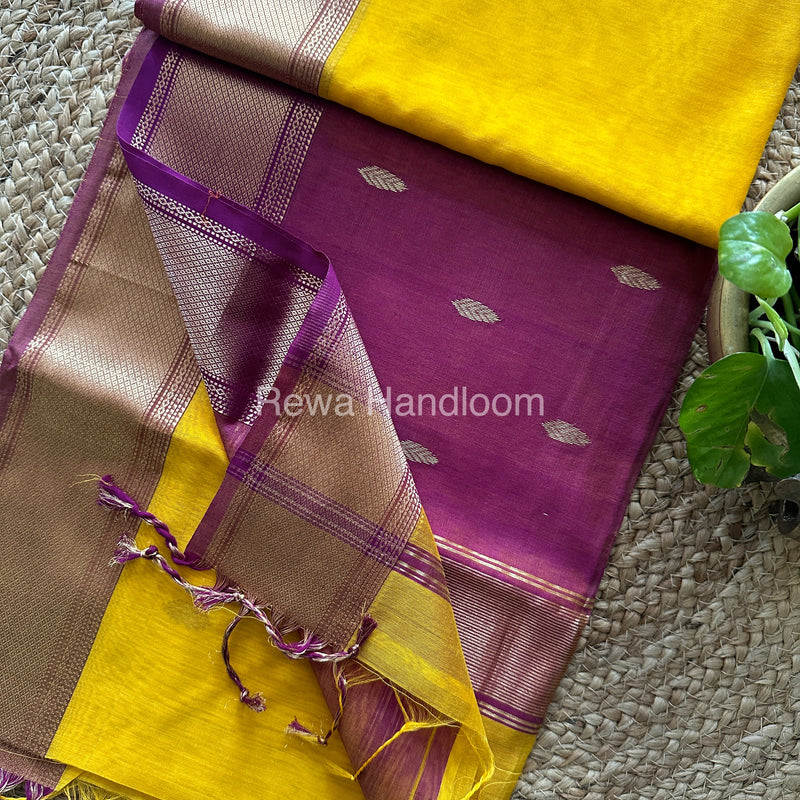 Turmeric Golden Yellow Zari Butti ~ Maheshwari Saree-PTB-012