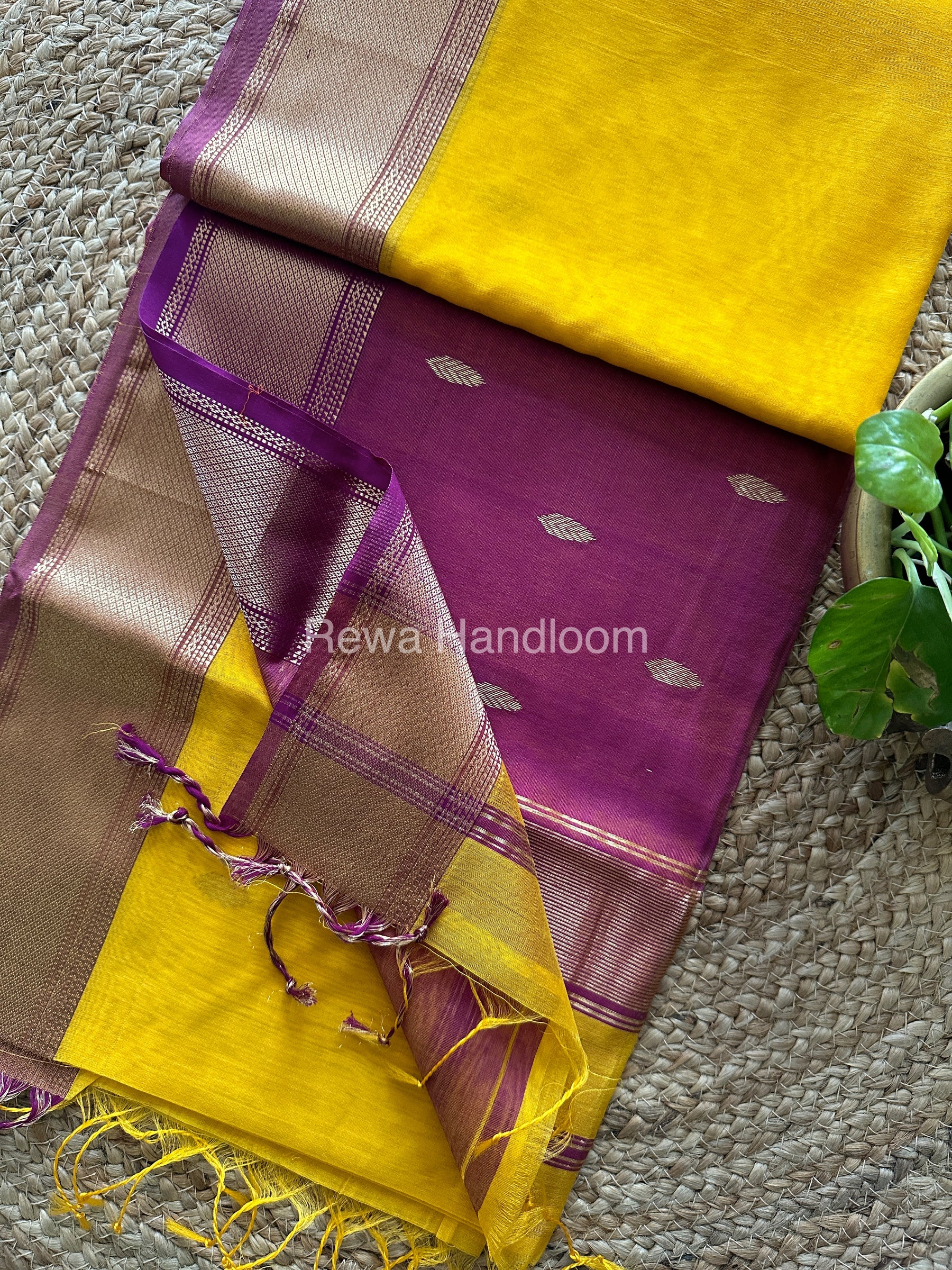 Turmeric Golden Yellow Zari Butti ~ Maheshwari Saree-PTB-012